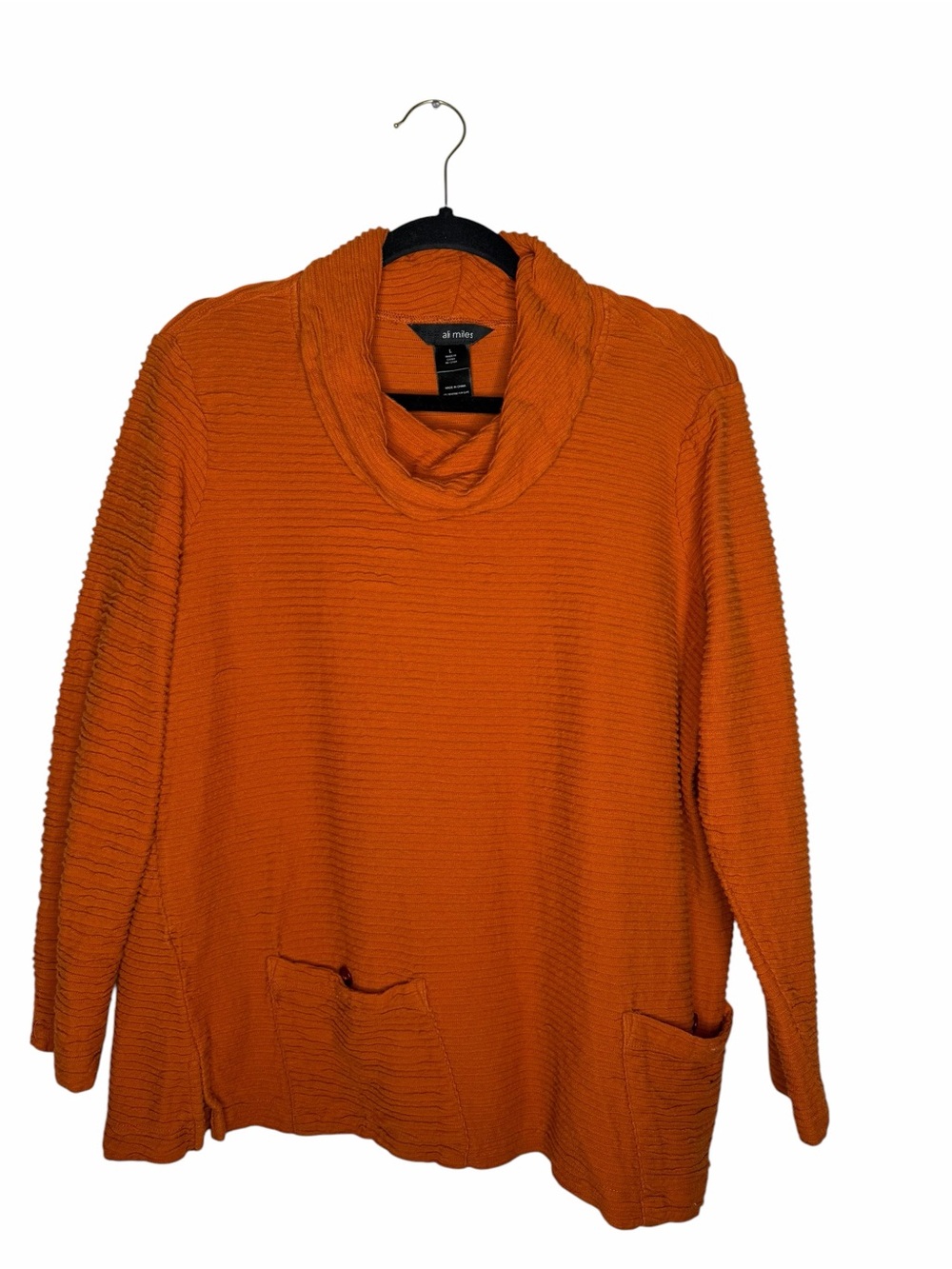 ALI MILES / burnt orange pleat textured cowl neck long sleeve blouse top / L